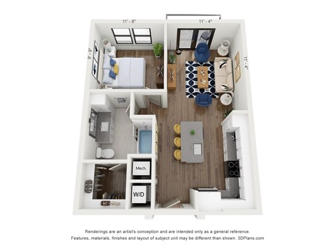 Floor plan for 1 bed, 1 bath, 644 sqft